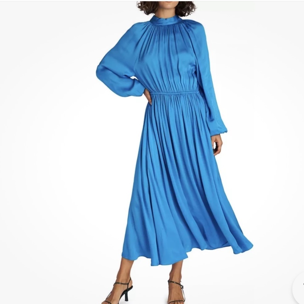 RHODE Blue Mai Open Back Puff Sleeve Midi Dress Size Large Formal Party Wedding